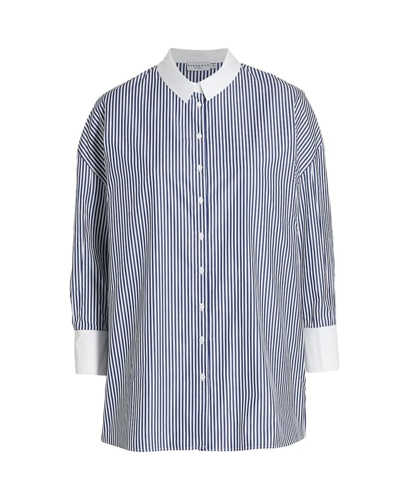 Front of a size 3X Justine Blouse in Navy Stripes by HARSHMAN. | dia_product_style_image_id:300106